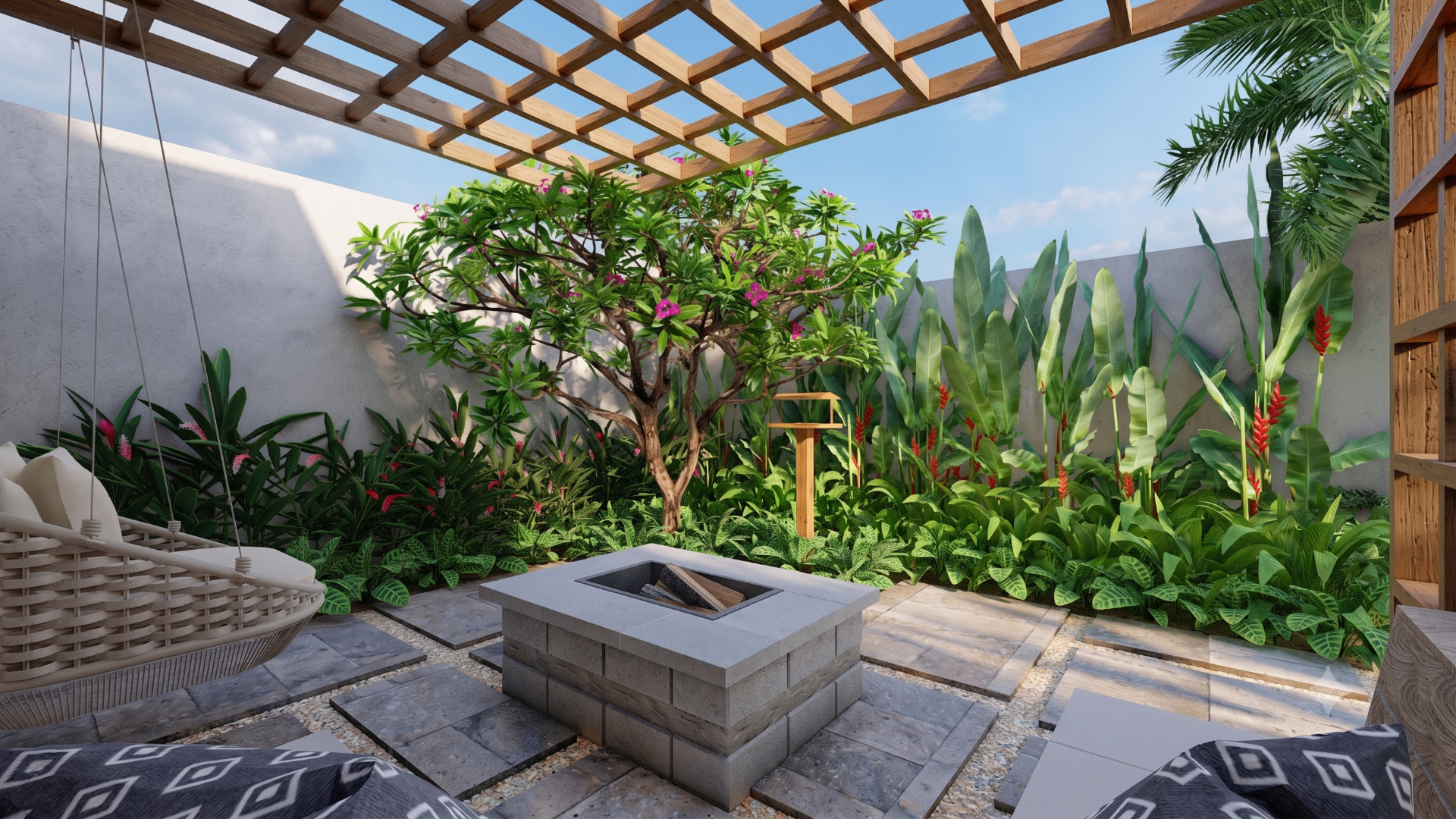 Jardim externo com pergolado e paisagismo tropical